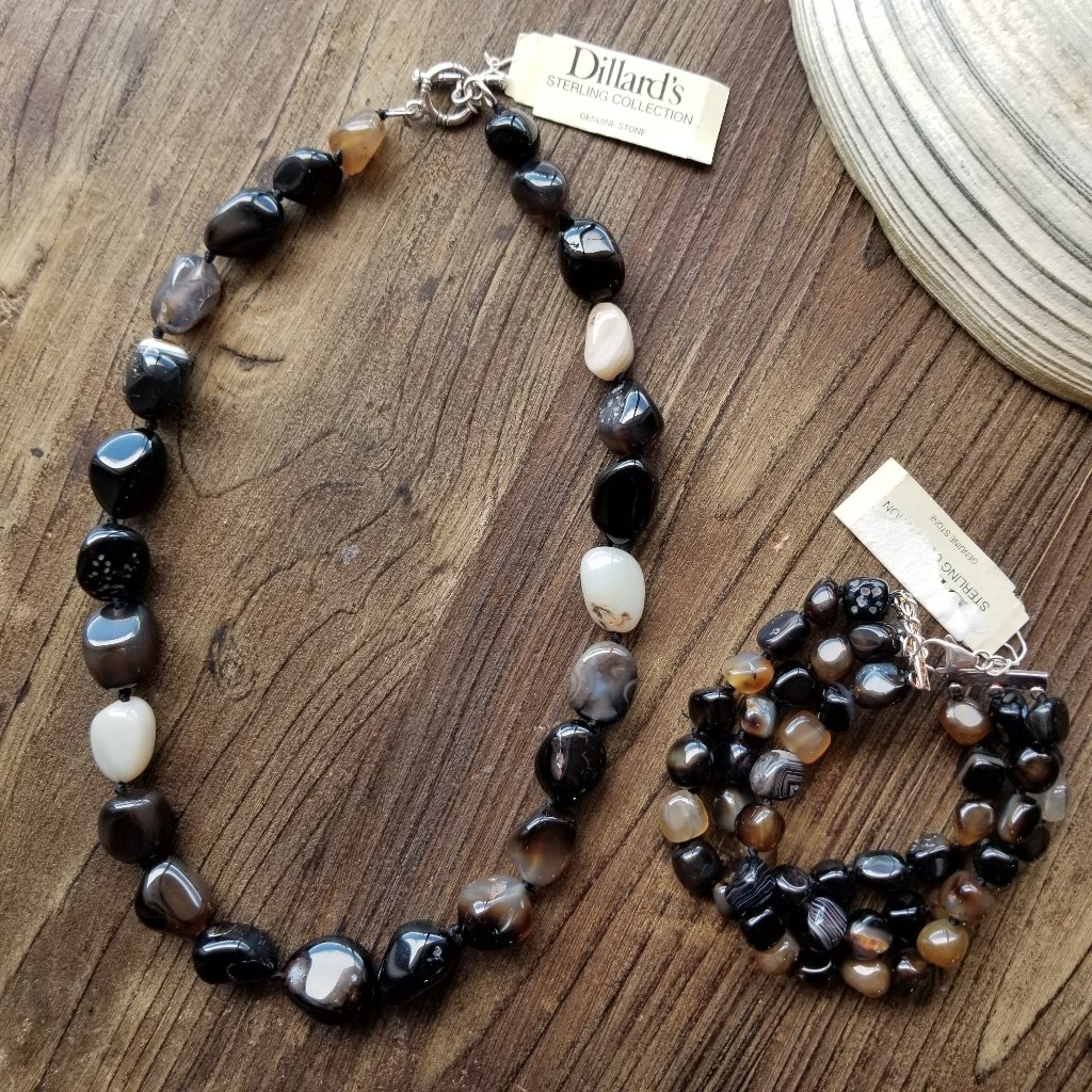 New Black Brown Genuine Stone Jewelry Set 54$